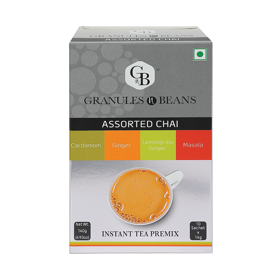 Granules n Beans Assorted Chai (Cardamom, Ginger, Lemongrass Ginger, Masala) Instant Tea Premix - (10 Sachet x 14g = 140g) (Pack of 16)