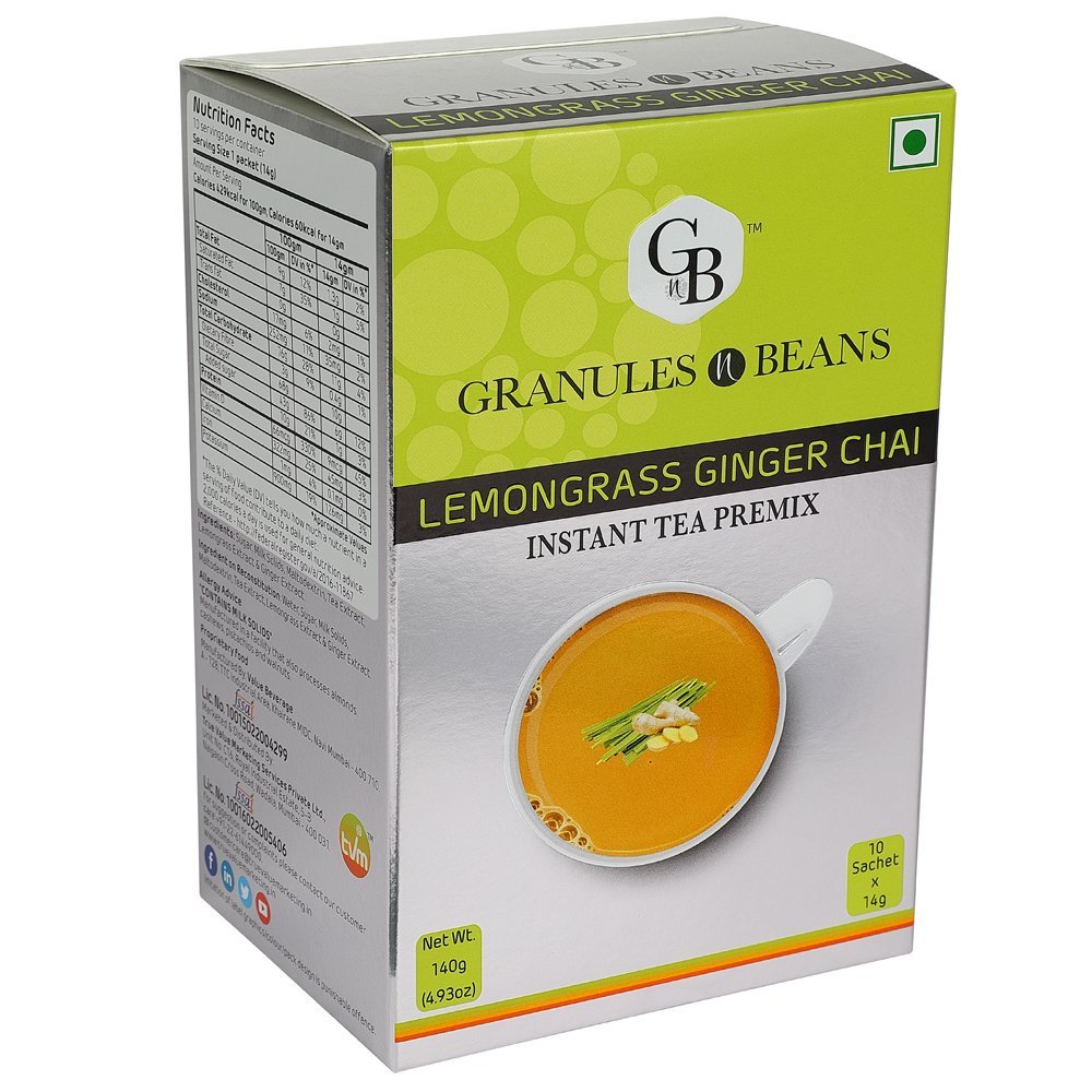 Granules n Beans Lemongrass Ginger Chai Instant Tea Premix - (10 Sachet x 14g = 140g)