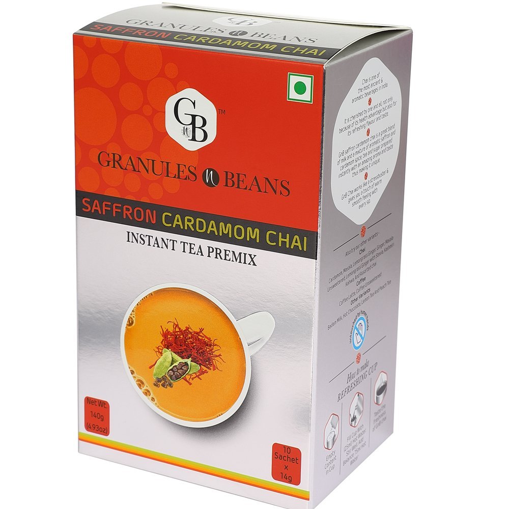 Granules n Beans Saffron Cardamom Chai Instant Tea Premix - (10 Sachet x 14g = 140g)