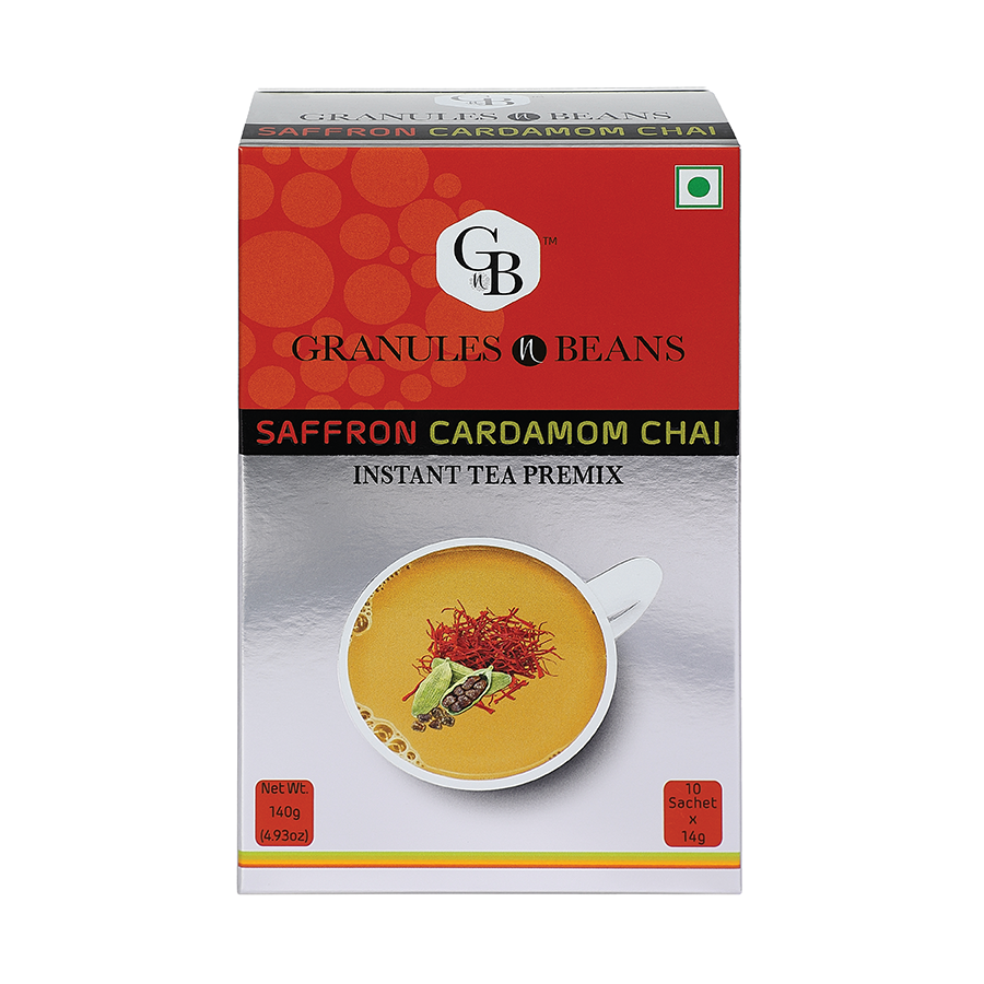 Granules n Beans Saffron Cardamom Chai Instant Tea Premix - (10 Sachet x 14g = 140g) (Pack of 16)