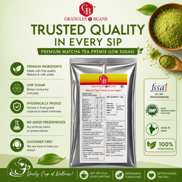 Matcha Tea Premix (Low Sugar) 1kg | Hot & Cold Drink Mix | Instant Premix Tea